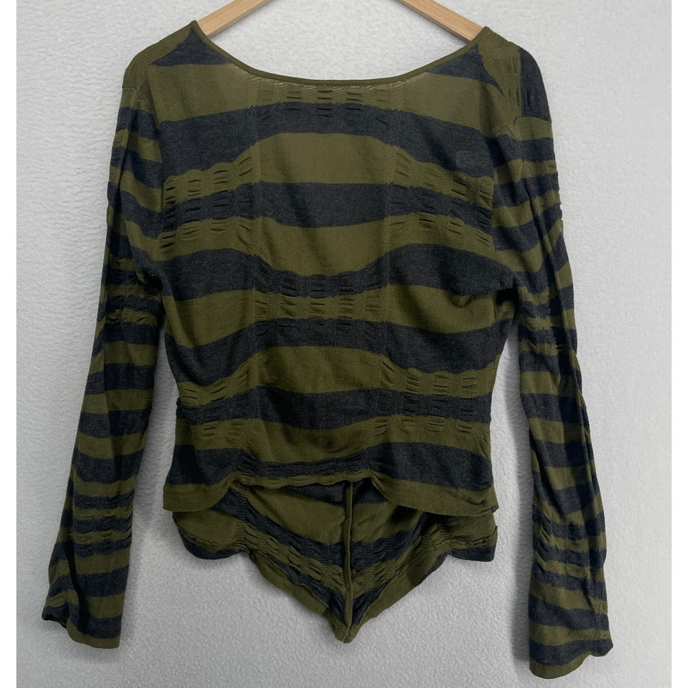 FREE PEOPLE Sweater XS Crumpled Striped Cardigan Slouchy Button Up Cotton Green - Picture 3 of 11